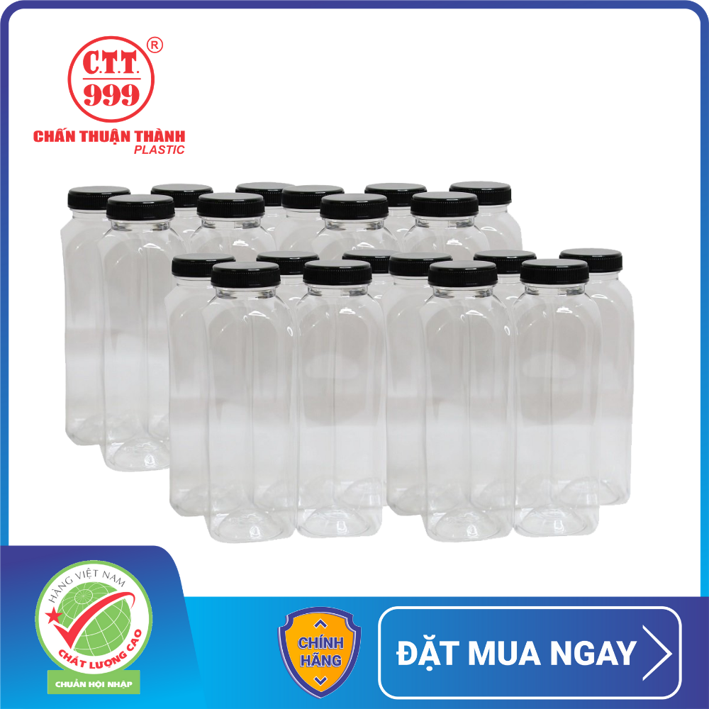 Combo 20 chai nhựa PET Chấn Thuận Thành 330ml đựng trà sữa, nước ép - chai vuông miệng lớn, kèm nắp PET3820T-V-20
