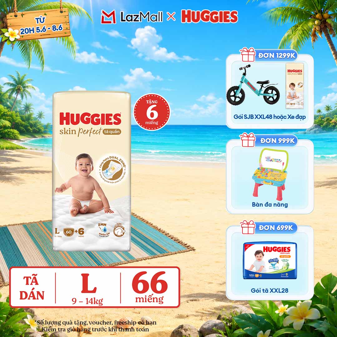 [Chỉ 22-24.06 QUÀ TẶNG ĐH 699K]  Tã quần Huggies Skin Perfect L size Super Jumbo 60+6 miếng - Nhiều Phiên bản