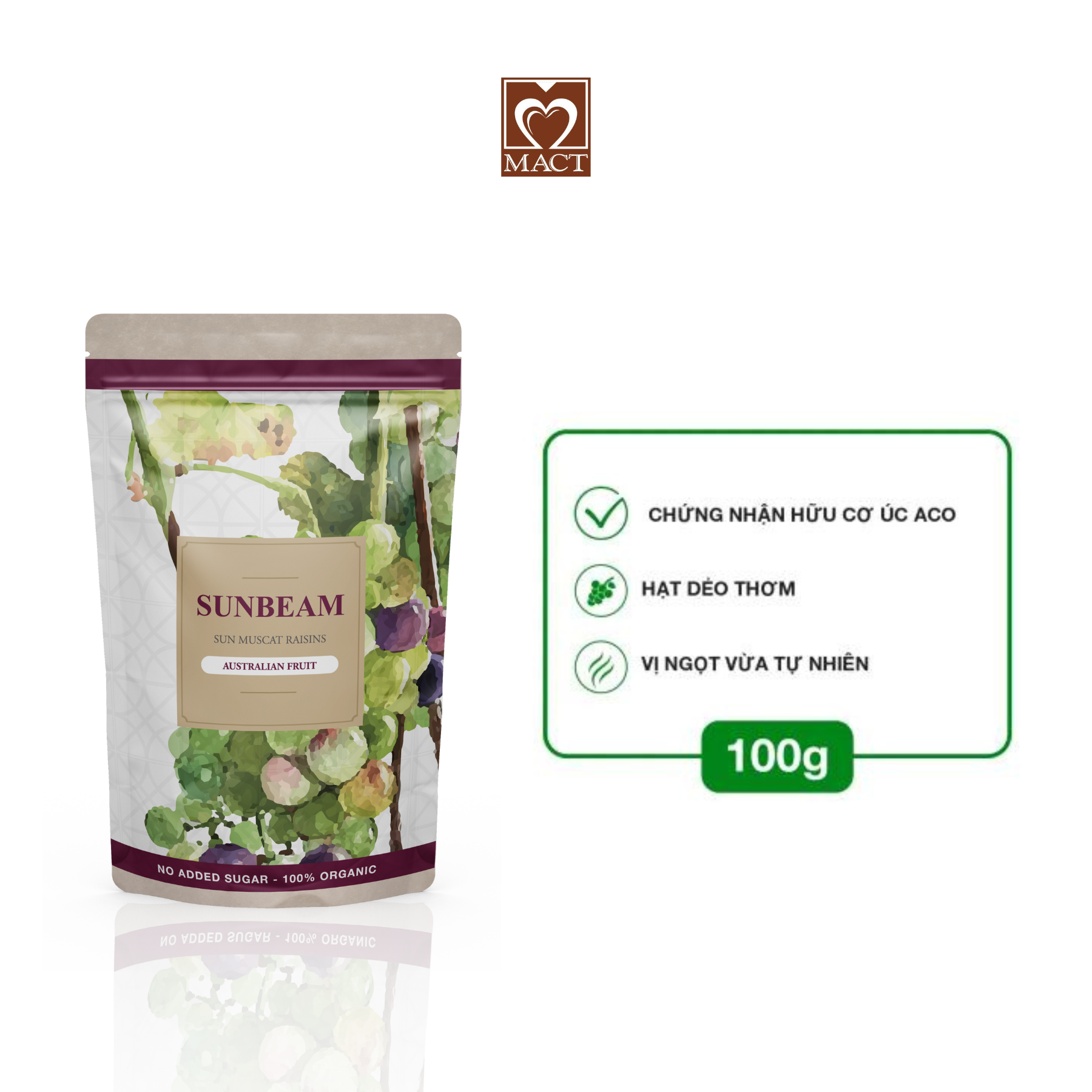 Nho khô hữu cơ sunbeam sun muscat raisins - dẻo, ngọt vừa - túi 100g