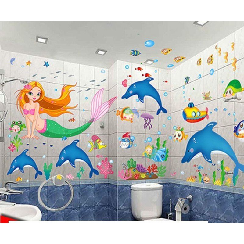 Decal dán tường tiên cá và đàn cá heo ngộ nghĩnh