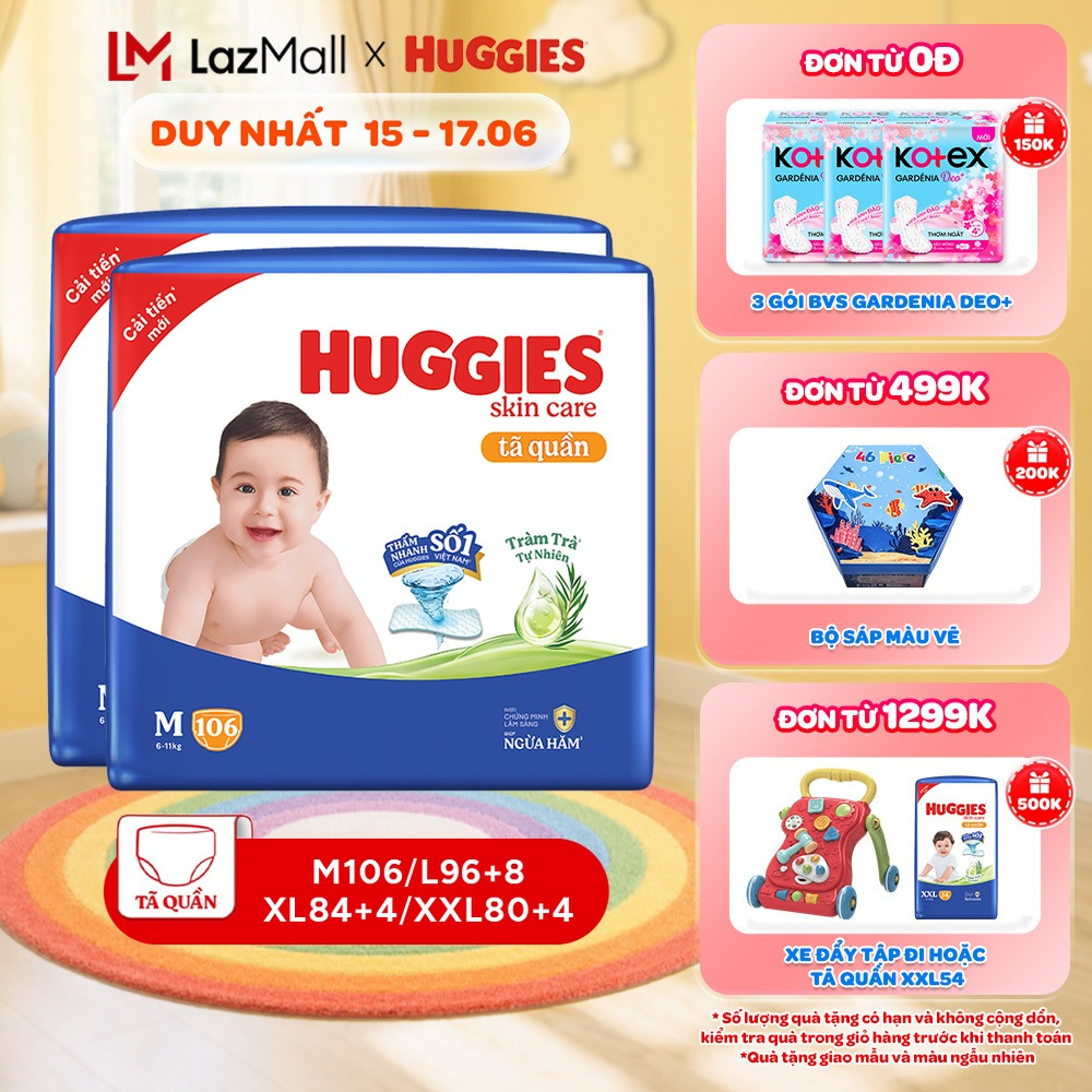 Combo 2 gói Tã/ bỉm quần Huggies Skincare Mega Jumbo M106/L100+4/XL84+4/XXL76+4 với tràm trà dịu da