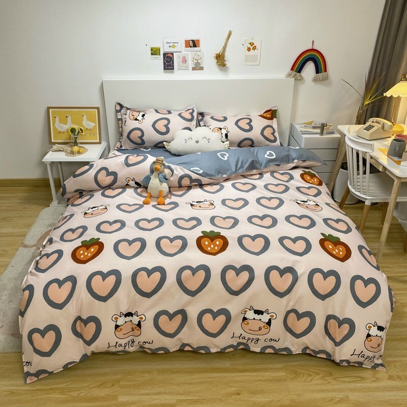 Trọn Bộ 4 Món Chăn, Ga, 2 Vỏ Gối Cotton Poly Nhập Mẫu BÒ SỮA TIM