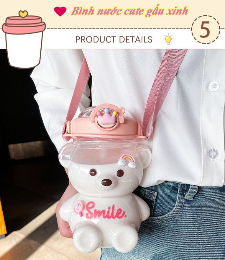 [Tặng kèm dây đeo+Sticker] Bình Nước Hình Gấu Siêu Dễ Thương dung tích 1000ml có kèm ống hút và dây đeo , tặng kèm sticker dán cute - Bình uống nước hàng ngày , đựng nước , trà sữa mang đi học , đi làm đáng yêu