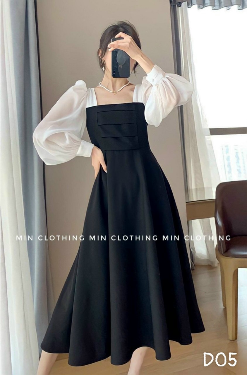 Đầm umi tay voan phối màu đen trắng siêu xinh, tai voan bèo siêu xinh phối màu cực sang cho các nàng up
