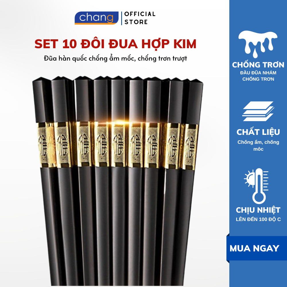 Set 10 đôi đũa viền vàng, chất liệu sợi thủy tinh chịu nhiệt, chống mốc, kháng khuẩn, thích hợp trong gia đình, làm quà biếu