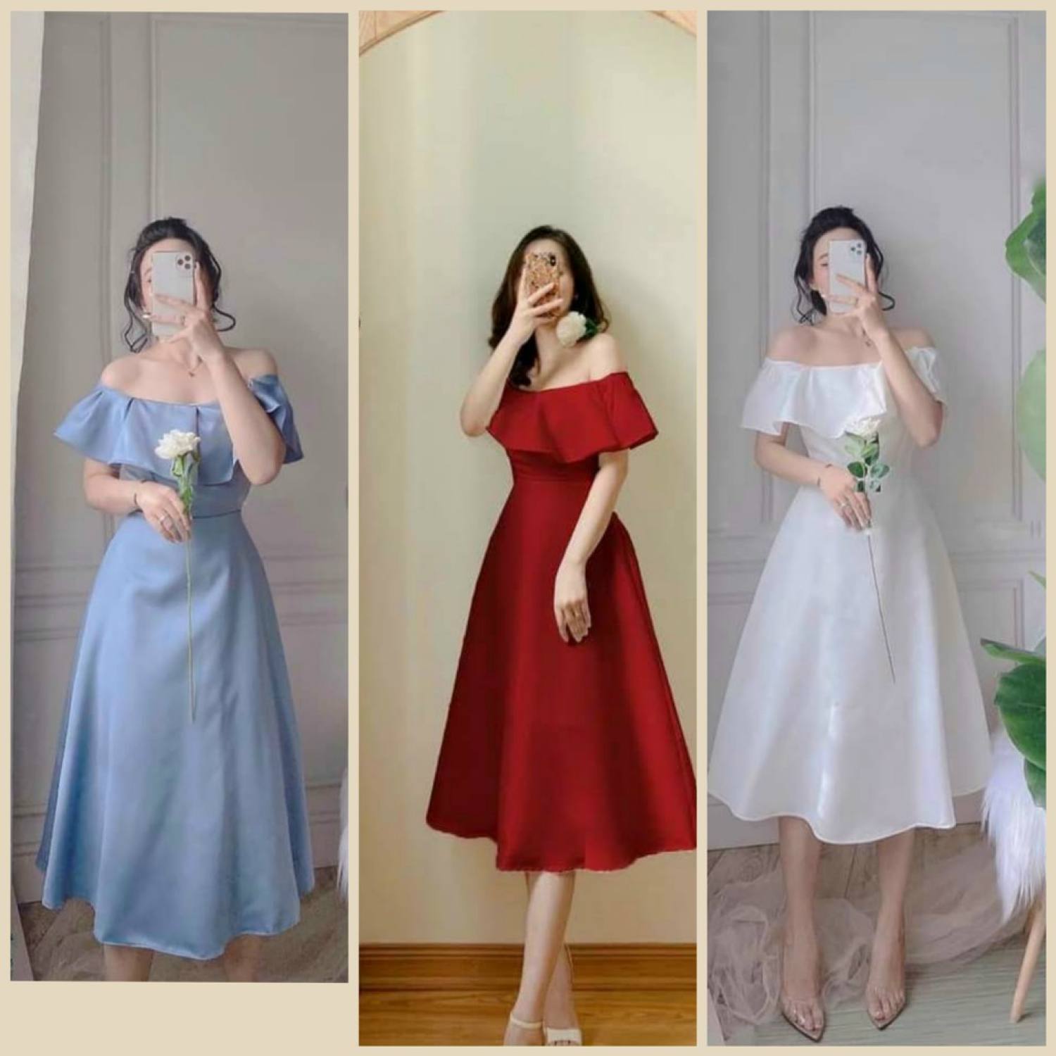Váy dự tiệc cưới đầm nữ đẹp trễ vai bèo công chúa tiểu thư đi ăn tiệc cưới xinh xắn 3 màu trắng đỏ xanh Milla Dress