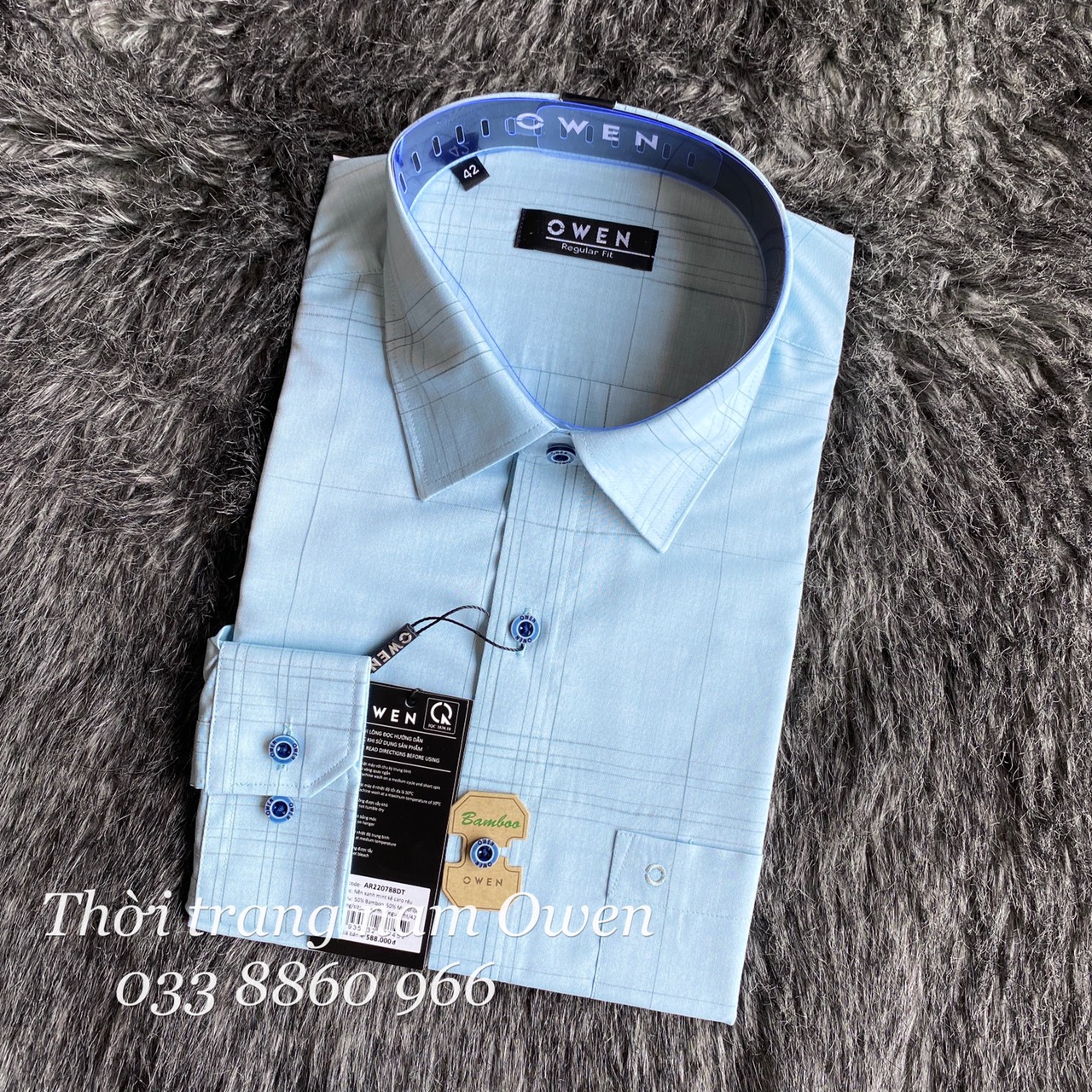 OWEN - Áo sơ mi dài tay Owen Regular fit chất sợi tre màu xanh bạc hà kẻ ca rô 220788