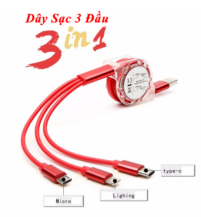 [RẺ VÔ ĐỊCH ] BỘ CÁP SẠC 3 ĐẦU DÂY KÉO GIÚP KÉO RÚT CỰC DỄ DÀNG - TƯƠNG THÍCH VỚI TẤT CẢ CÁC DÒNG ĐIỆN THOẠI CỔNG MICRO, TYPE C, LINGHTNING CHỐNG RỐI- CỰC KỲ TIỆN DỤNG