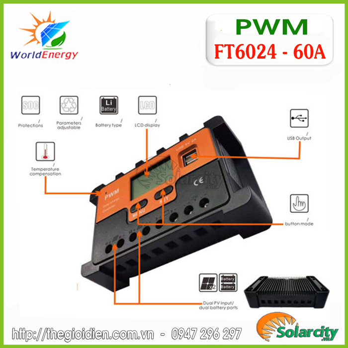 Bộ điều khiển sạc pin mặt trời pwm 60a - 12v/24v auto