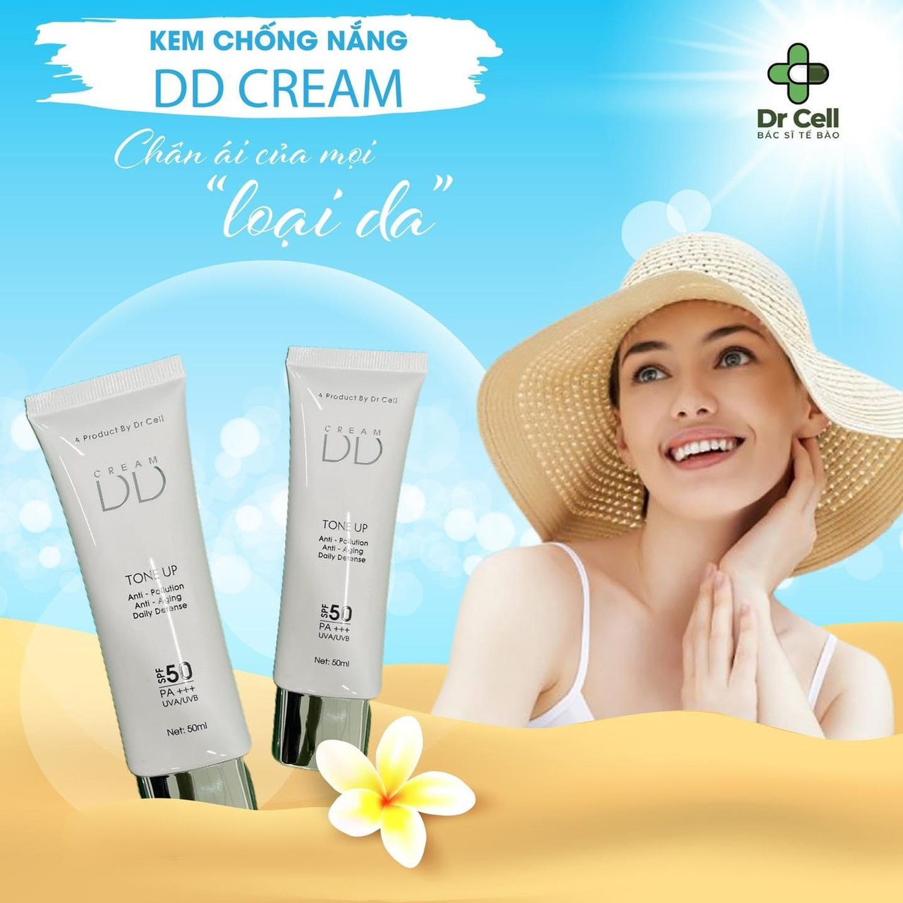 Kem dd cream dr cell chống nắng spf 50+++ dưỡng trắng hồng, lớp nền căng bóng 50ml