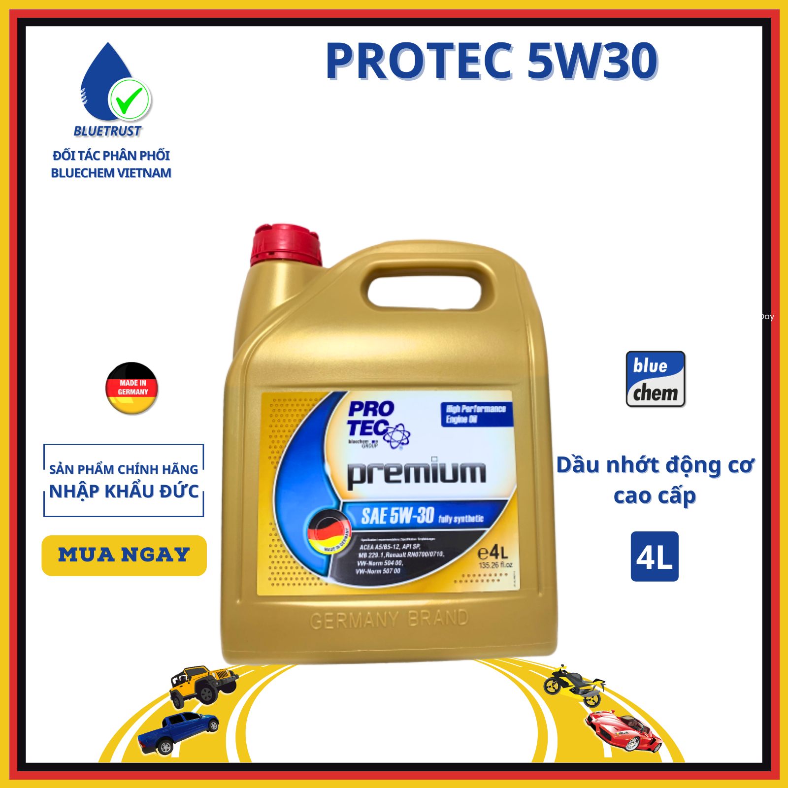 Dầu nhớt tổng hợp toàn phần xe ô tô bluechem protec 5w30, api sp/cf– 5w30 premium fully synthetic protec - 4 lít
