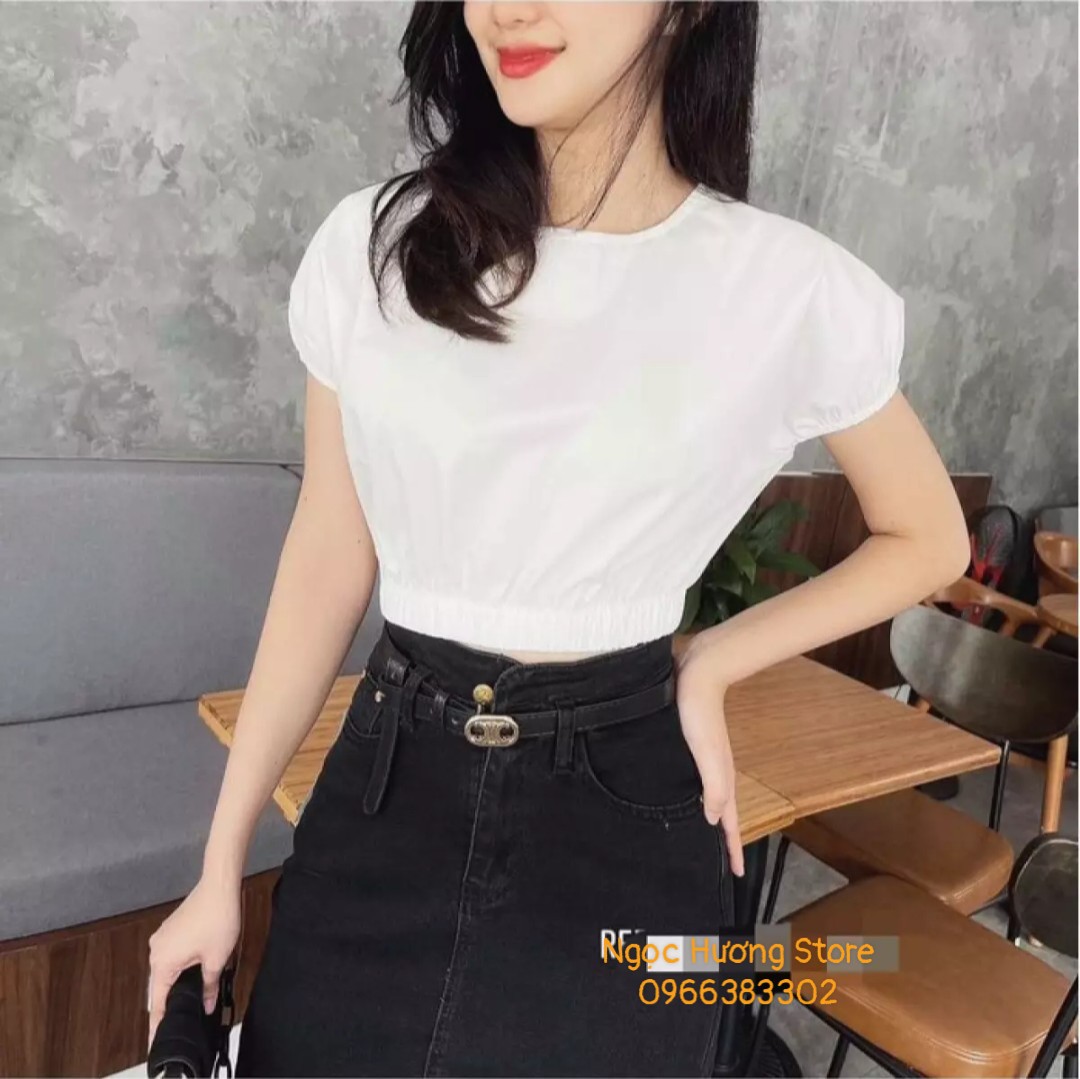 Áo croptop bo eo cổ tròn trẻ trung phong cách hàn quốc