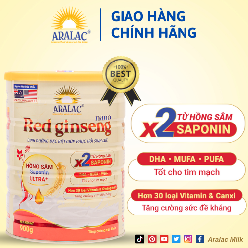 Sữa Bột Aralac RedGinsen Nano 900 gram - với tinh chất từ Hồng Sâm giúp cải thiện sức khoẻ, giảm mệt mỏi, căng thẳng