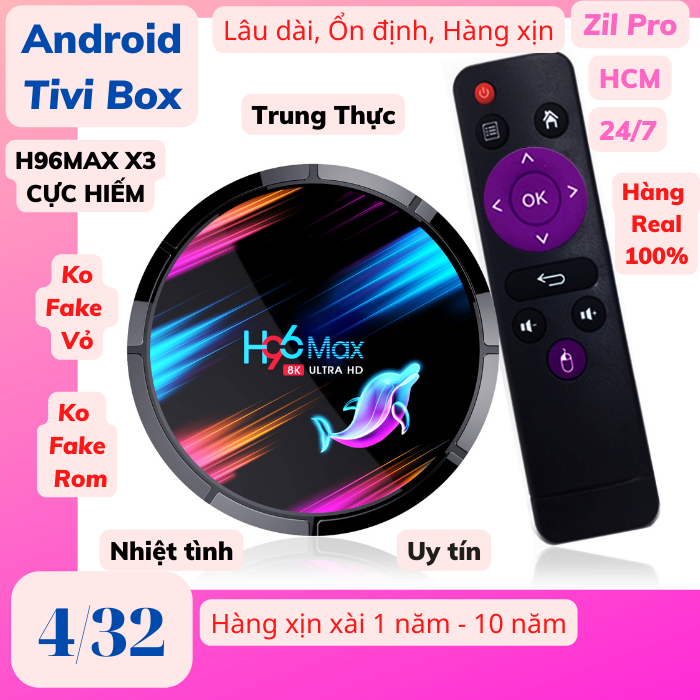 Android tv box h96max x3 4gb/32gb amlogic s905x3 cực mượt vip, android tivi box h96max x3 atv 9 with hdr10+ lan 1g dolby audio bt 8k video vp9 ok
