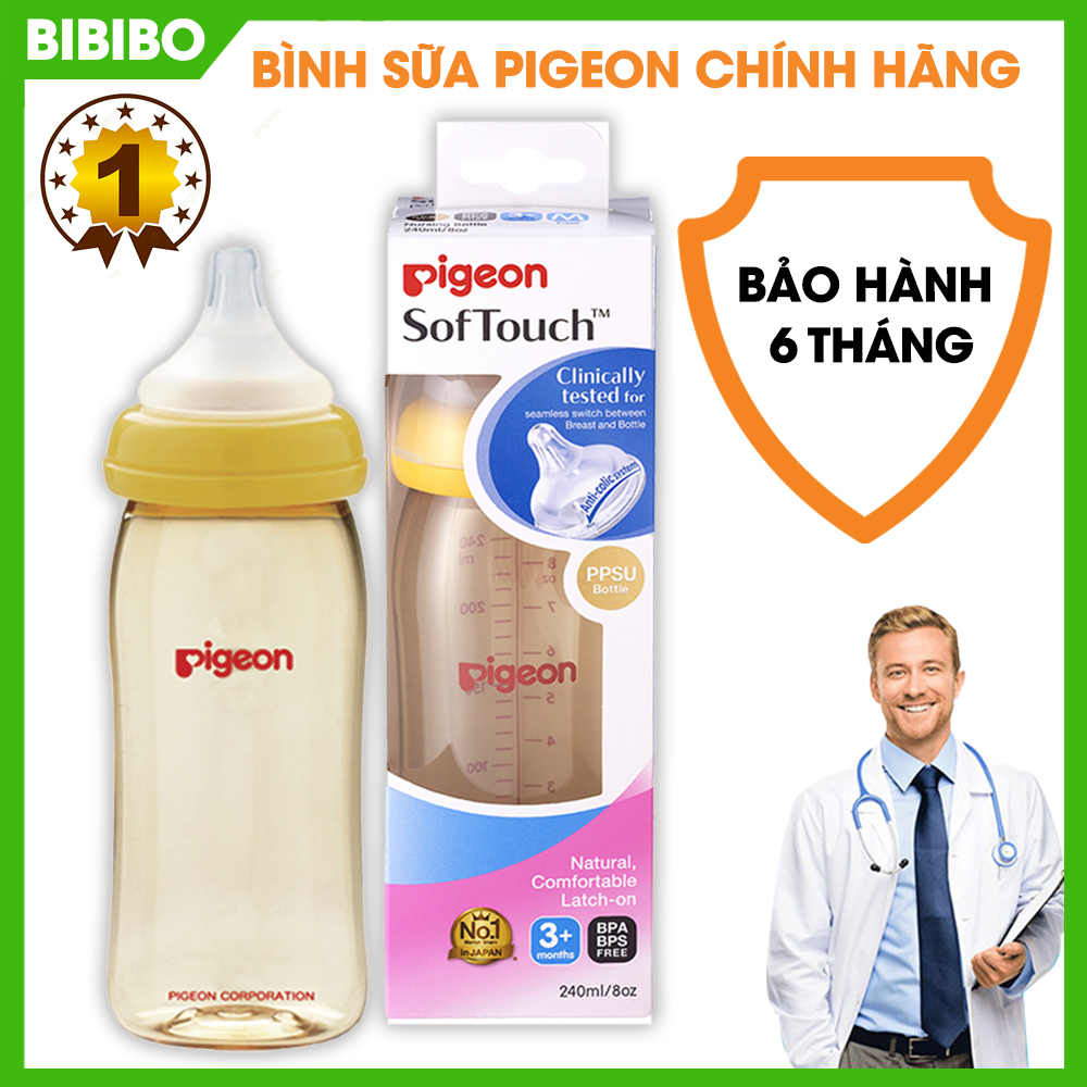 Bình sữa cho bé Pigeon Softouch chất liệu nhựa PPSU cao cấp, bình sữa cổ rộng hàng nhập khẩu, van thông khí AVS độc quyền hạn chế đầy hơi, nôn trớ ở trẻ, tặng kẹp đuổi muỗi, lỗi 1 đổi 1 - Shop BIBIBO