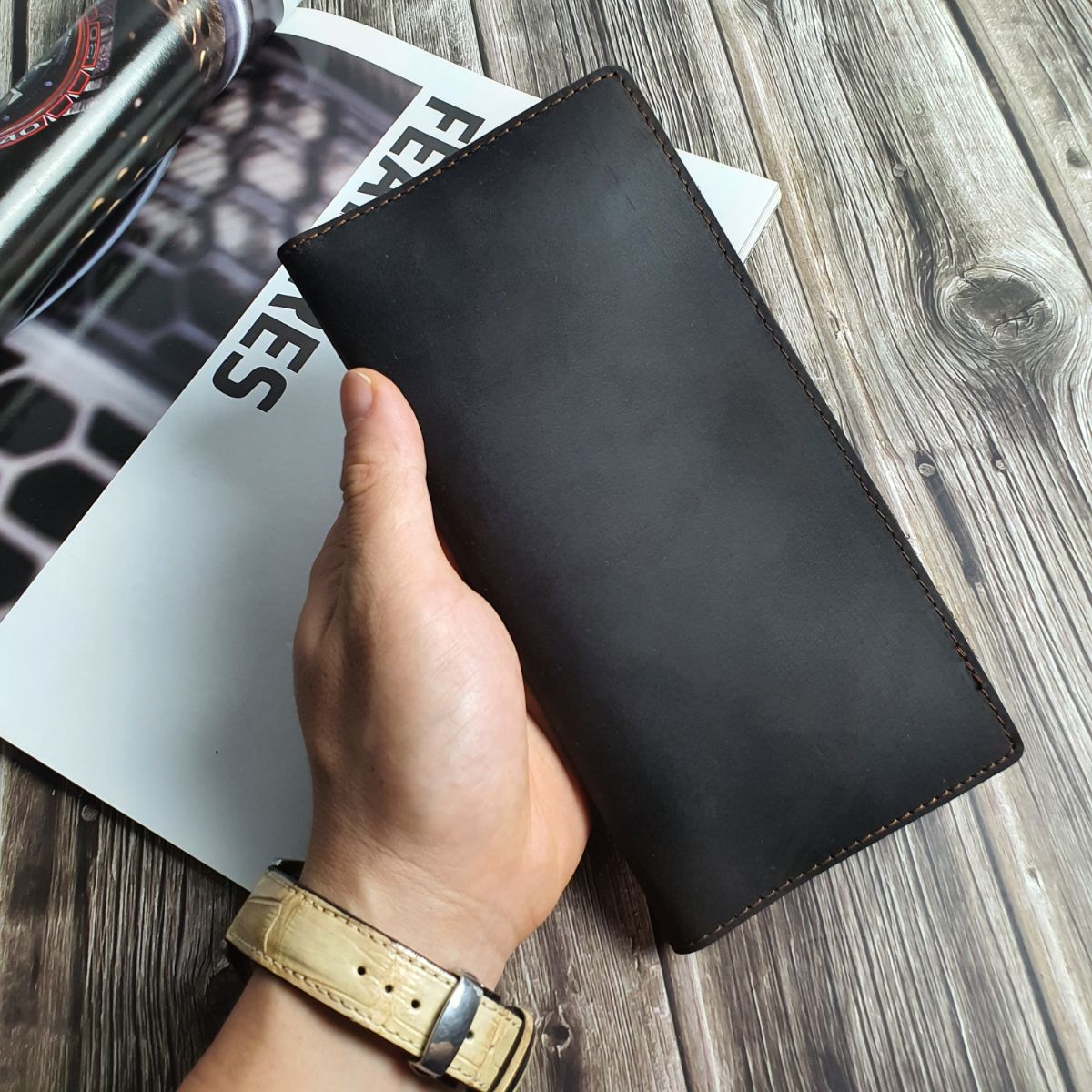 Ví dài nam da thật; ví cầm tay nam da sáp wl129ld - 100% da thật, bh 3 năm