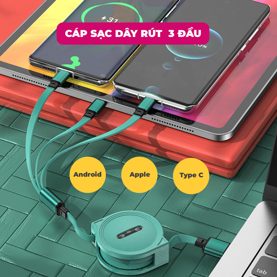 Cáp sạc nhanh 3 đầu Mottolial thiết kế kiểu dây rút nhỏ gọn, thời trang, dùng cho Android, Apple, Type C, cổng Lightning, dây silicon siêu bền, lõi đồng nguyên chất, dài 1m