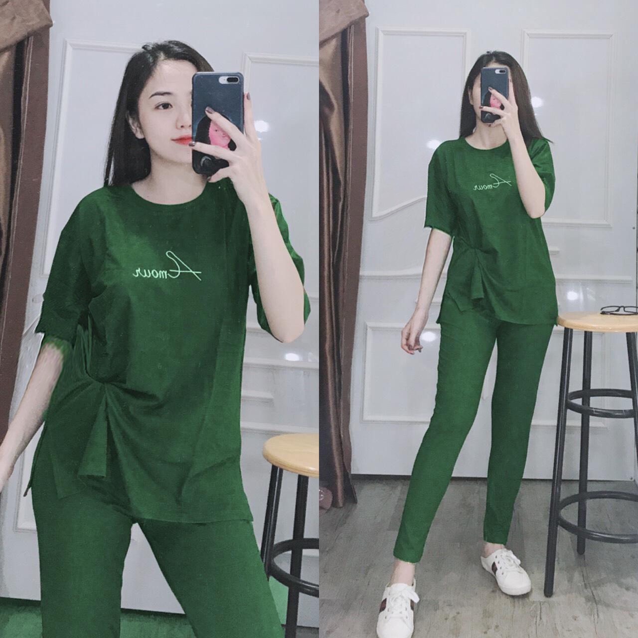 Đồ bộ nữ mặc nhà quần dài logo thêu áo form rộng về đủ size S M L XL XXL