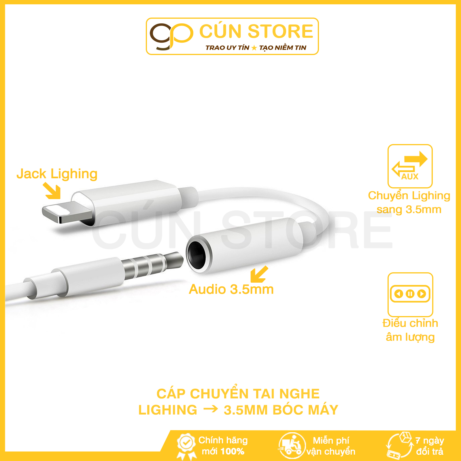 Cáp chuyển đổi tai nghe ip cổng lai ning sang 3.5mm zin bóc máy cho ip8/x/xs | bảo hành 6 tháng