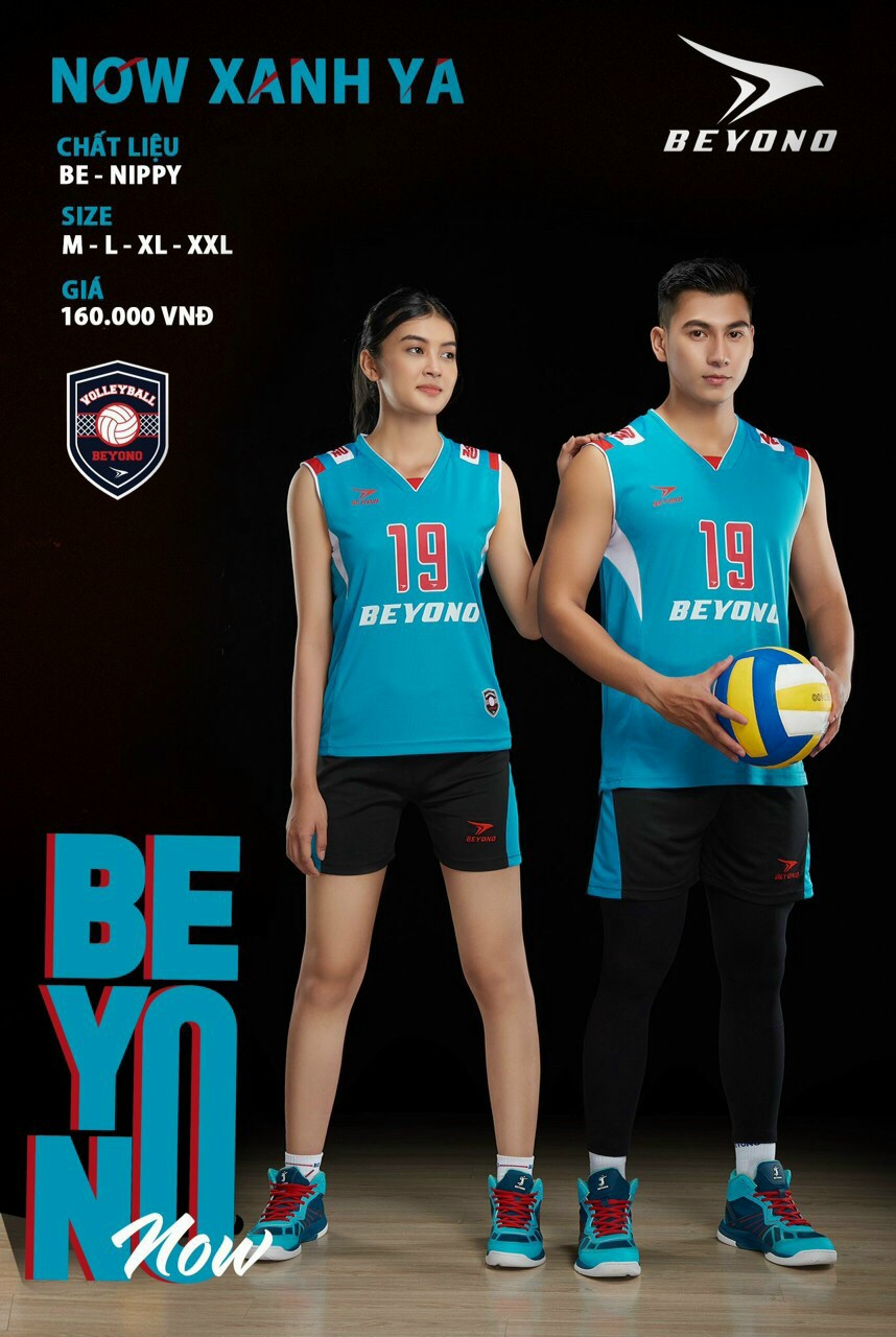 Bộ bóng chuyền nam nữ sát nách chính hãng Beyono xanh 2023