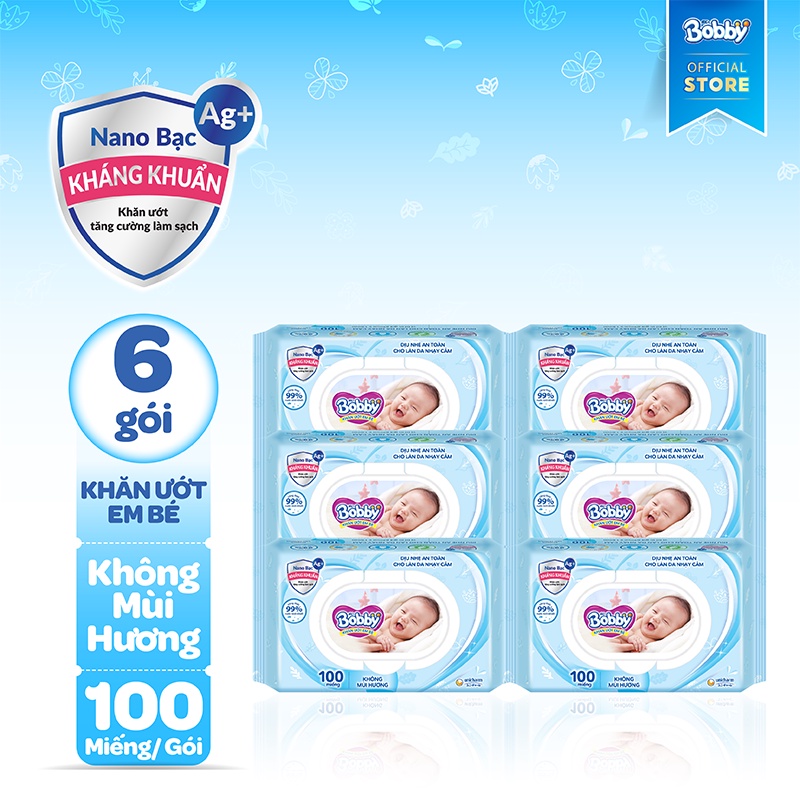 Combo 6 gói Khăn ướt trẻ em Bobby Care Không mùi hương - 100 tờ