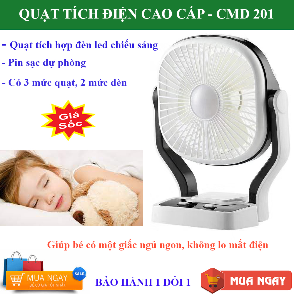 Quạt Tích Điện Cao Cấp CMD 201 , Quạt Tích Điện Thông Minh, Quạt Tích Điện. Với 3 Mức Quạt Giúp Bạn Không Còn Lo Nóng Trong Những Ngày Mất Điện, Quạt Tích Hợp Giữa Đèn LED và Sạc Dự Phòng Vô Cùng Tiện Lợi.