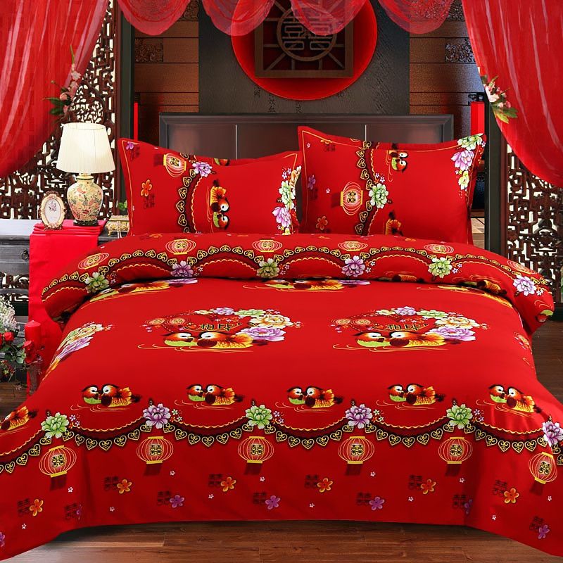Bộ chăn ga trải giường cưới màu đỏ lớn, bộ chăn ga gối bốn mảnh, bộ chăn ga gối đệm phòng cưới cô dâu chải lông thân thiện với da