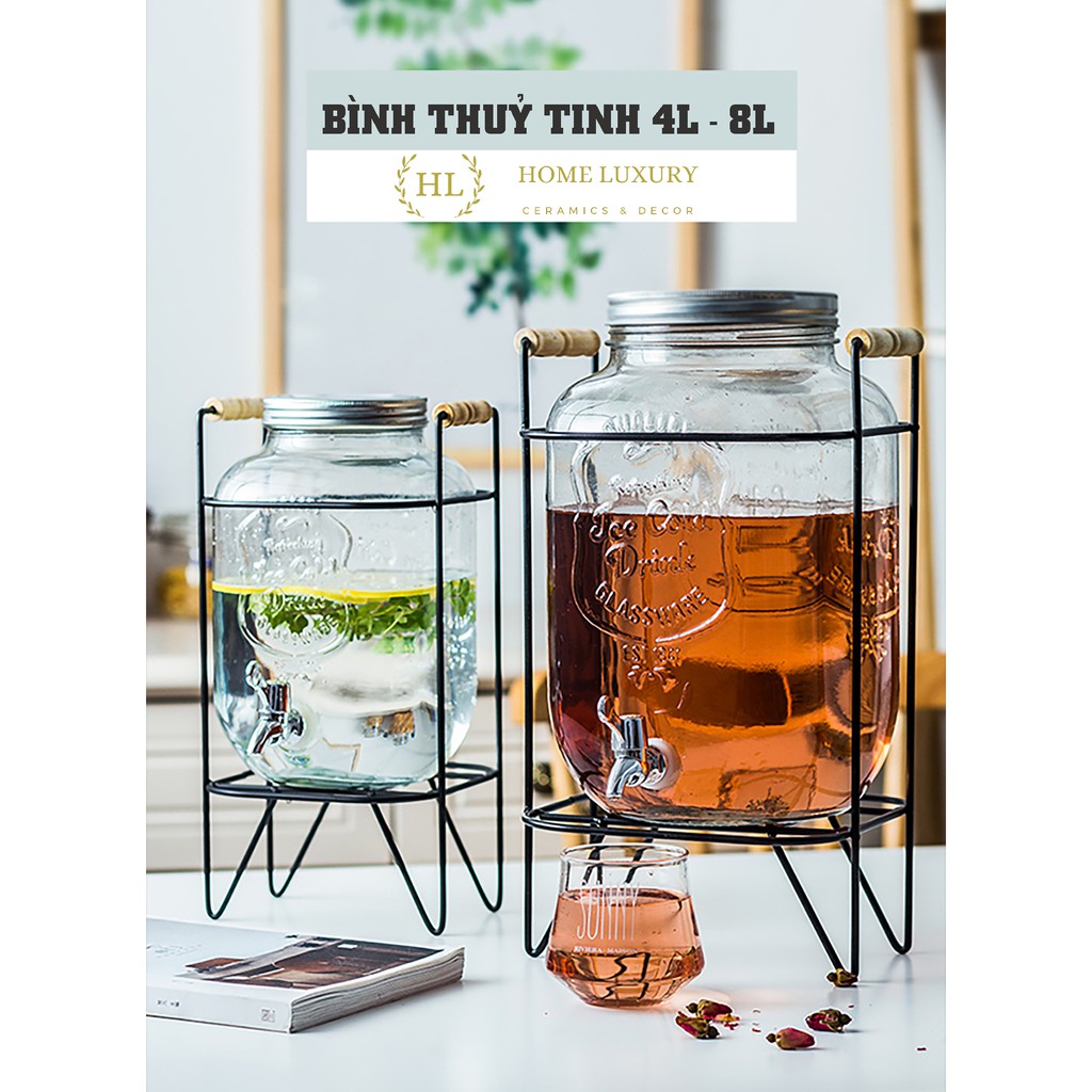 Bình thuỷ tinh 4L - 8L có vòi khung thép | Bình buffet thuỷ tinh đựng nước, rưượu hoa quả 4L, 8L Decor