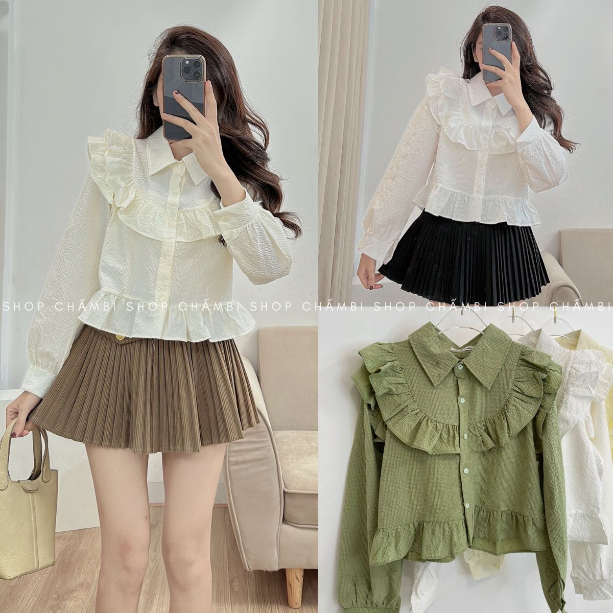 Áo sơ mi nữ dài tay A.571, Áo sơ mi cổ đức dài tay dáng lửng phối bèo chữ U - Shop Chấm Bi