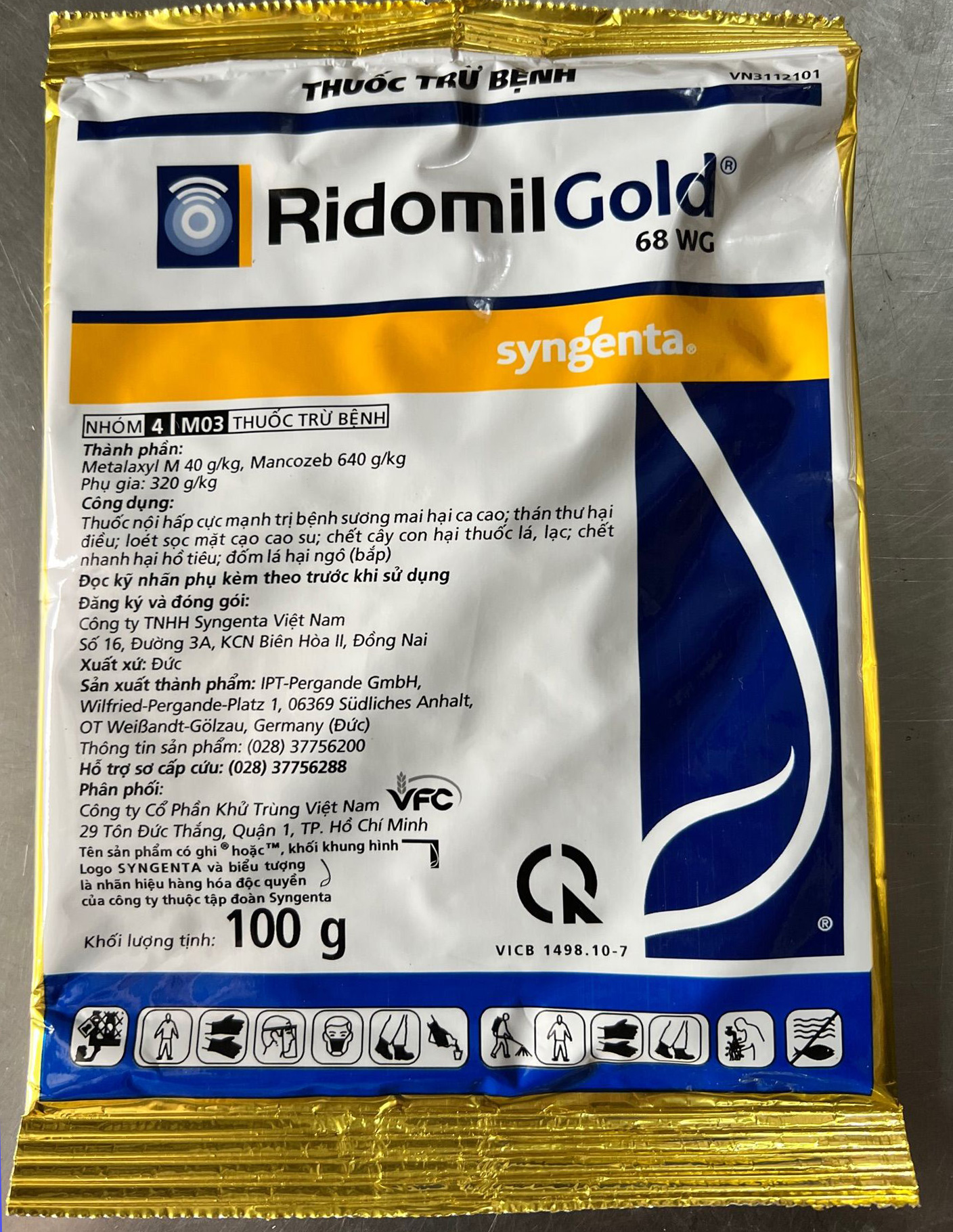 Thuốc trừ bệnh Ridomil Gold, gói 100 gr, trừ sương mai, thán thư, loét sọc, chết nhanh, đốm lá