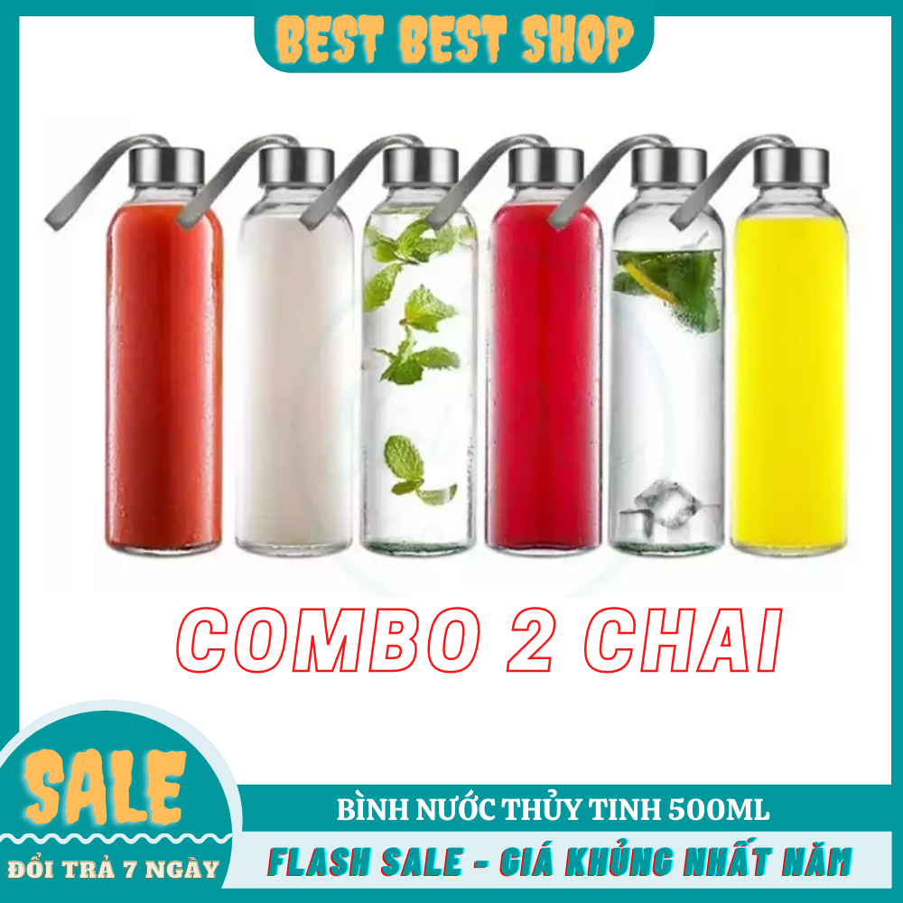 COMBO 2 Bình chai đựng nước thuỷ tinh có nắp kèm dây xách dung tích 500ml 500 ml SG-C500-10,Bình đựng nước thuỷ tinh có nắp kèm dây xách dung tích 500ml TP-A554 nhỏ gọn, xinh xắn, tiện dụng