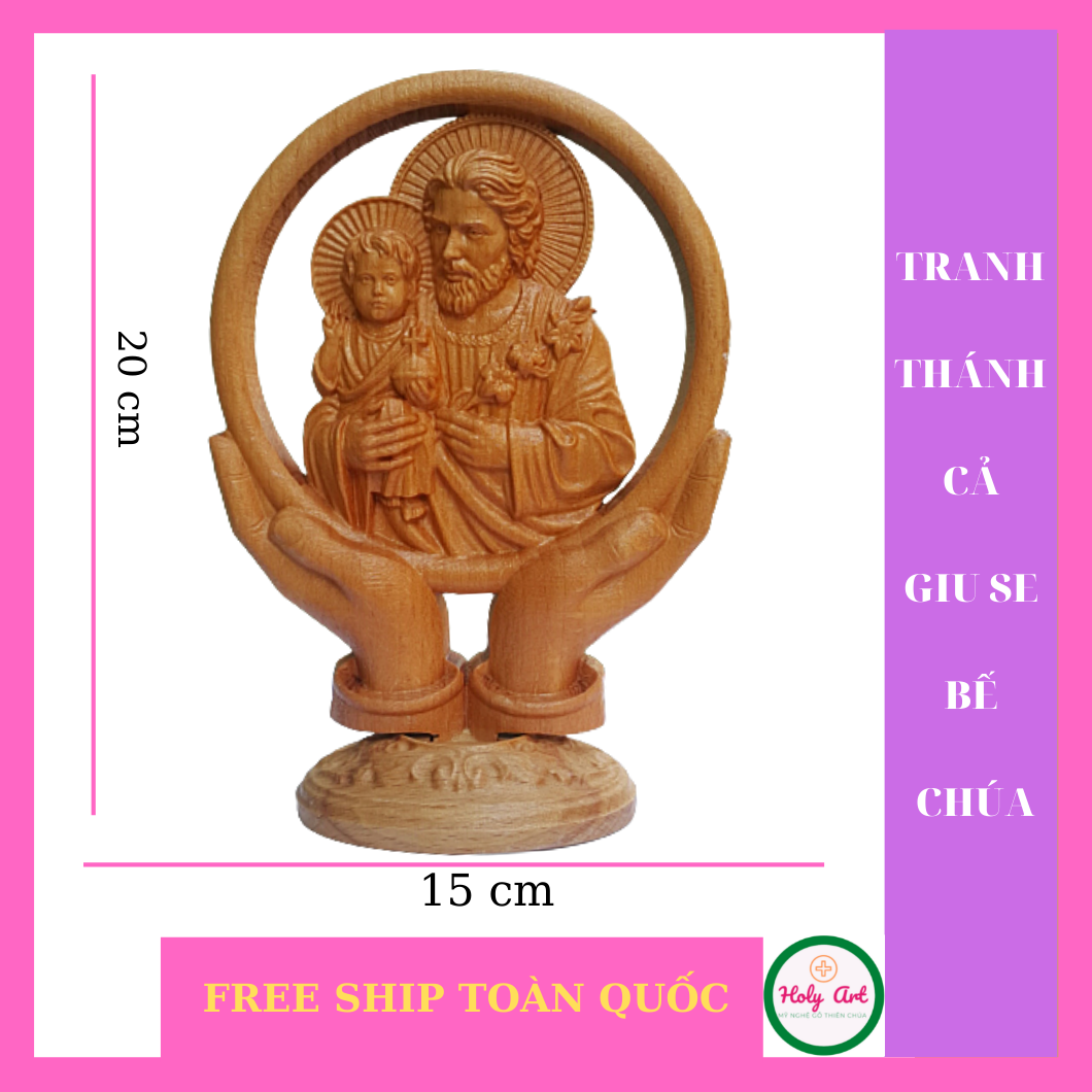 Tượng tranh thánh cả giuse bế chúa bằng gỗ kích thước 20x15cm. tranh để bàn làm việc bàn học trưng bày kệ sách quà tặng bạn bè người thân
