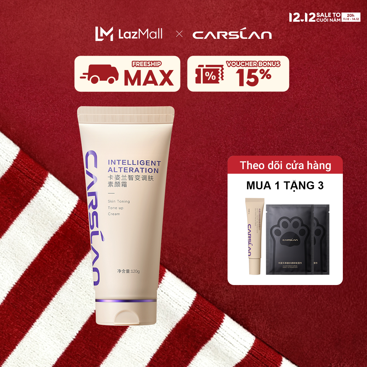 ĐỘC QUYỀN 11 20pm - 14.12|VOUCHER+QUÀ TẶNG Kem nâng tông da Carslan Cream Tone Up kem lười trang điểm Không xuống tông suốt 8 giờ Trắng sáng không trắng giả120g