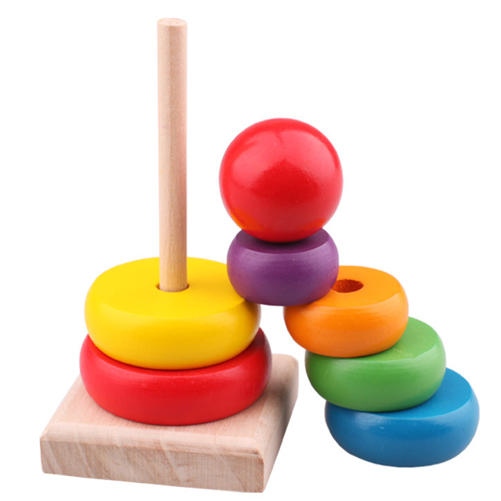 Đồ chơi xếp hình tháp gỗ 7 màu cầu vồng, đồ chơi phát triển tư duy