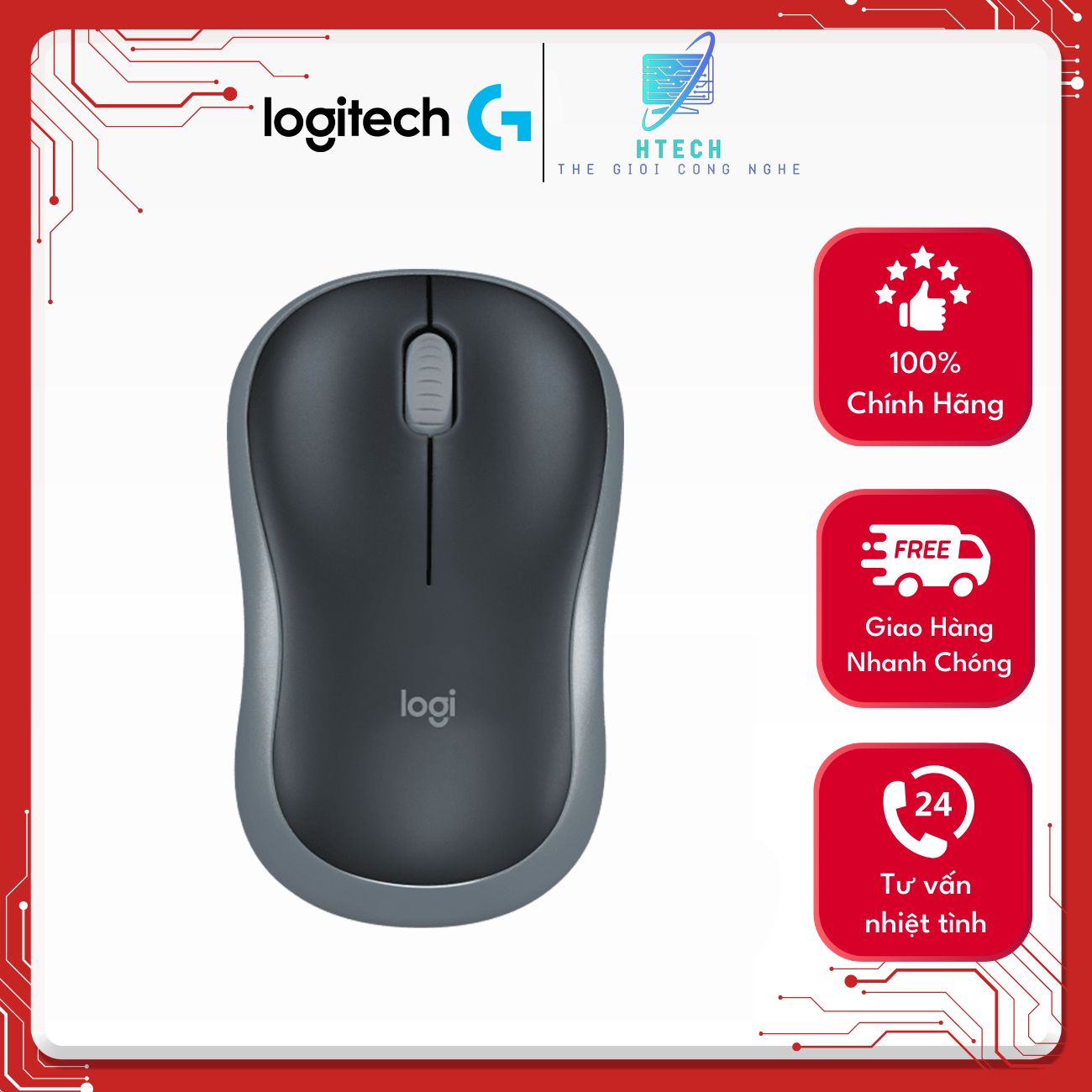 Chuột không dây Logitech M185 Xám/Đỏ/Xanh - Hàng chính hãng