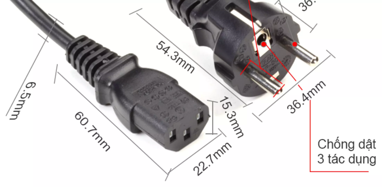 Dây nguồn 2 chấu chân tròn phiên bản US/C13 tiêu chuẩn 3C*0.75mm 16A-250V H05VV-F OD6.5mm 1.8 mét - Chịu tải và dùng cho Nồi cơm điện; Ấm điện; PC.v.v.