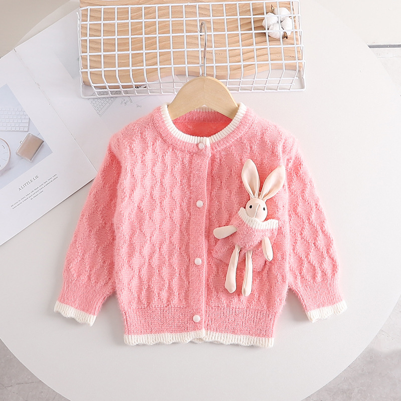 Áo Khoác Trẻ Em Áo Choàng Cardigan Len Dệt Kim Cotton Cổ Tròn Đính Nơ Thỏ Đỏ Khoác Chống Nắng Tay Dài Cho Bé Gái