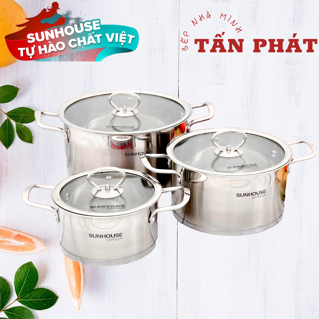 Bộ 3 nồi inox 5 đáy Sunhouse Mama SH784 siêu dầy 16-20-24CM dùng trên mọi loại bếp - vung kính cường lực siêu bền
