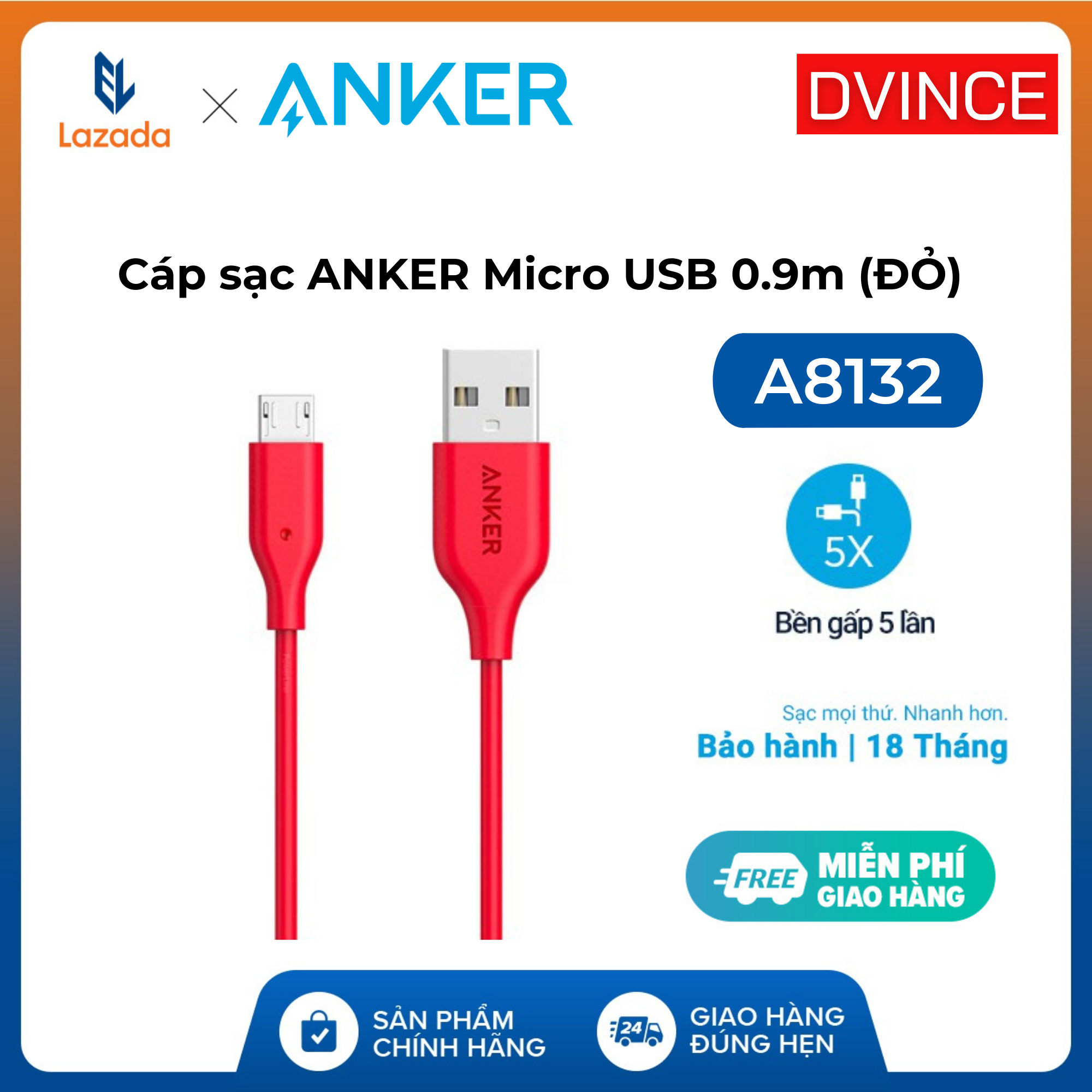 Cáp sạc ANKER PowerLine Micro USB dài 0.9m - A8132 (Đỏ) - Chú ý: Không dùng cho iPhone