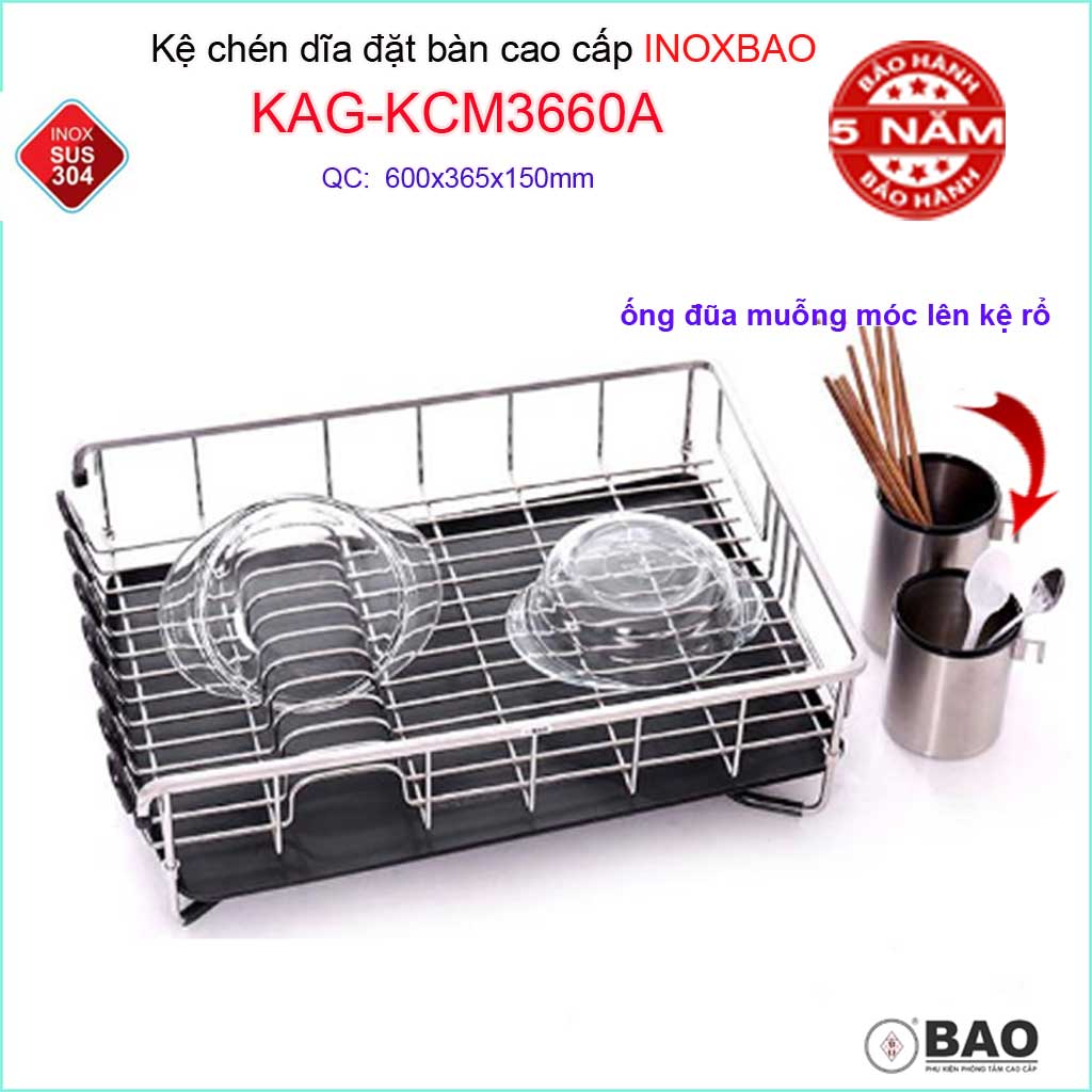 Kệ úp chén dĩa đa năng inox bảo kag-kcm3660a, giá đựng bát đĩa đặt bàn sus304 dập đặc cao cấp 60cm kèm 2 ống đũa siêu bền