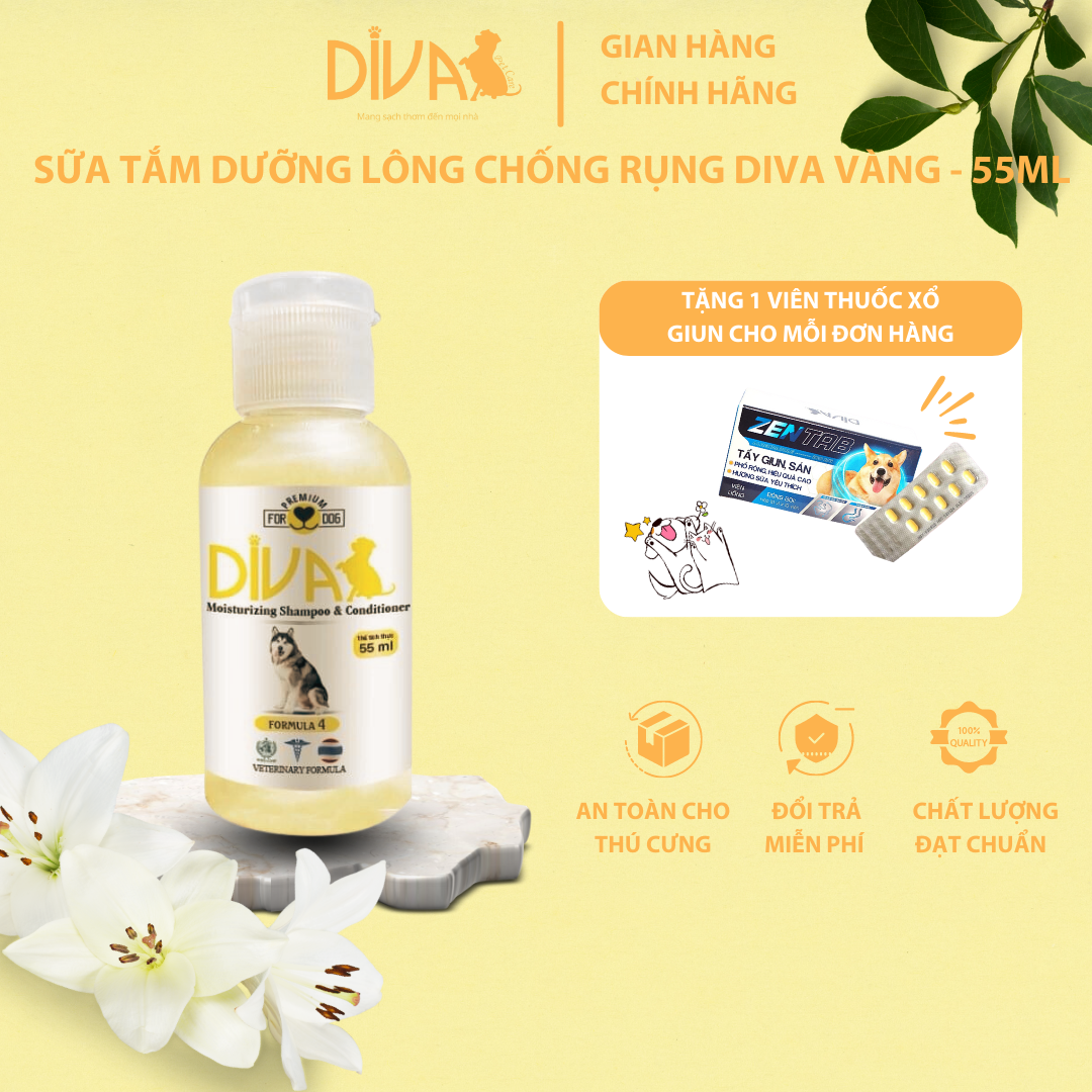 Sữa tắm chó DIVA vàng dưỡng lông chống rối 55ml