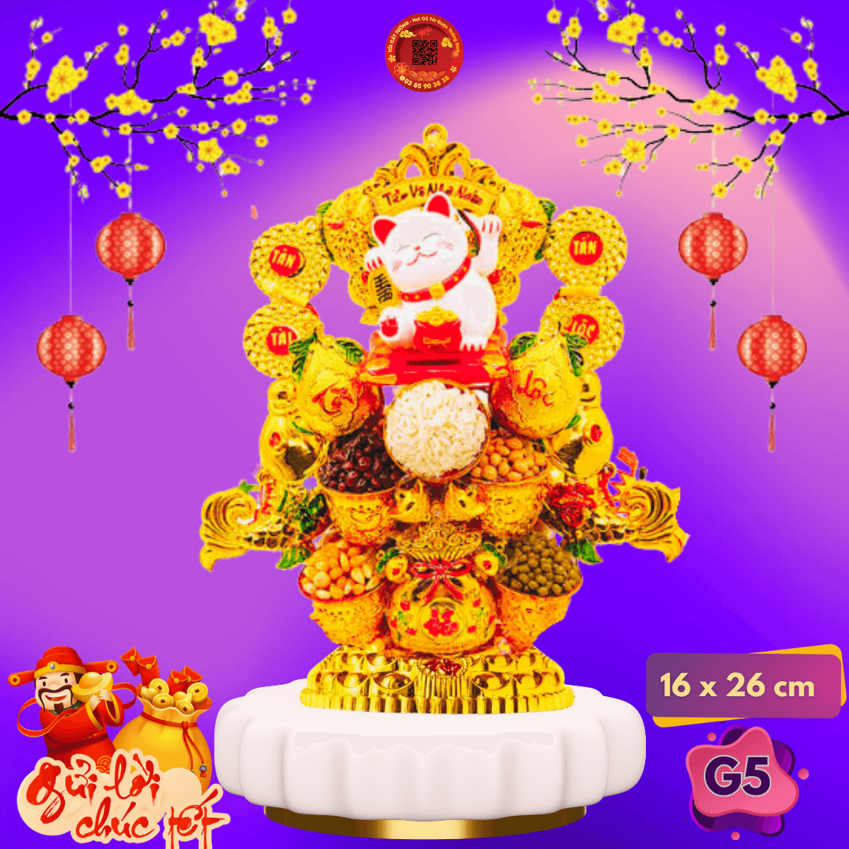 Tháp tỏi chưng ông Địa mèo năng lượng mặt trời có đèn led - TỎI CÁT TƯỜNG