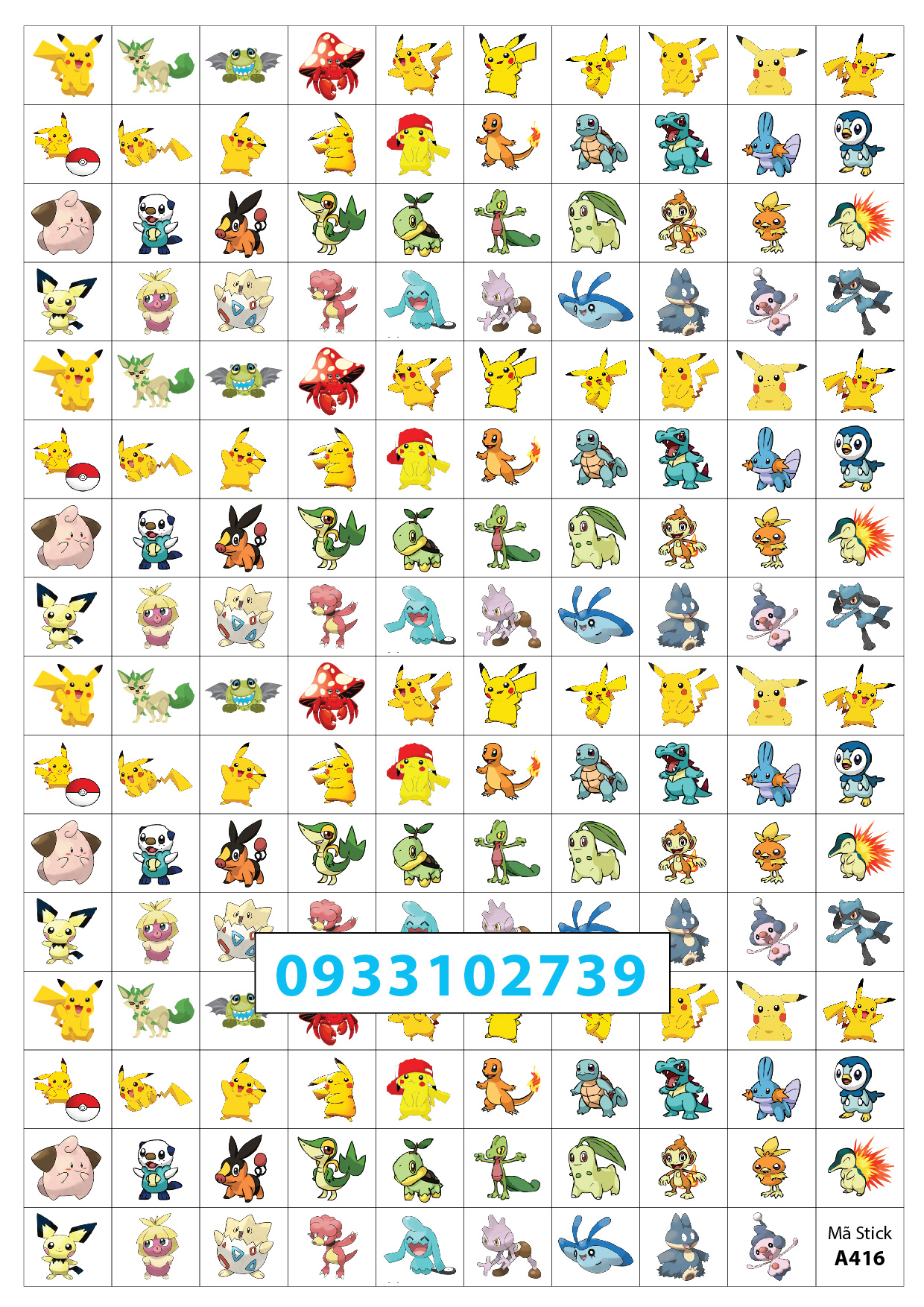 10 tờ sticker khen thưởng pikachu 60k - 159 stick/ tờ - mã a416