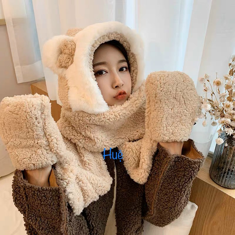 Mũ lông cừu 3in1 tai gấu kèm khăn quàng cổ mẫu đẹp