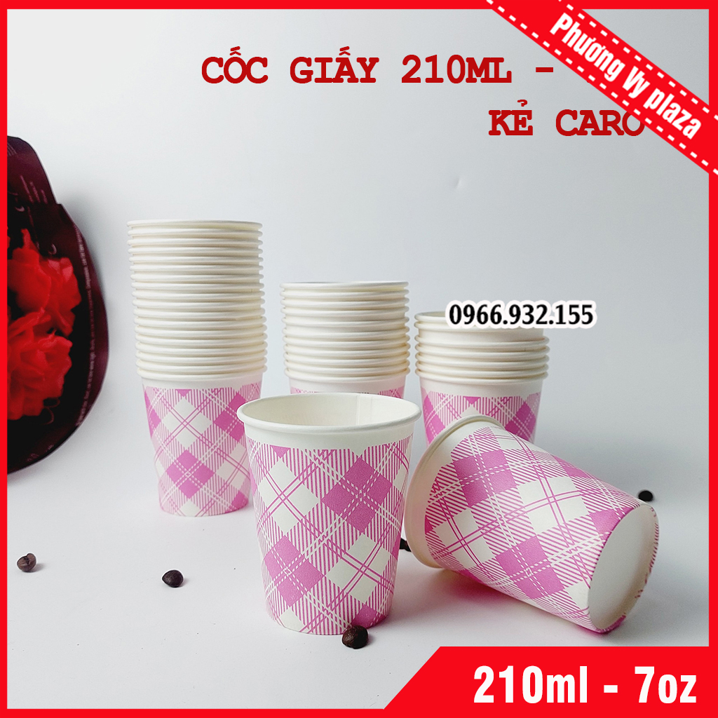 50 Cốc giấy kẻ caro hồng 210ml - 7oz ly giấy NHẬP KHẨU HÀN QUỐC