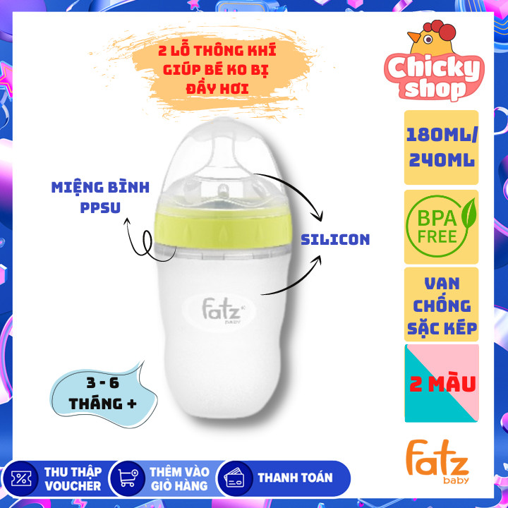 Bình sữa Silicone Fatz Baby van chống sặc kép 180ml/240ml cổ siêu rộng