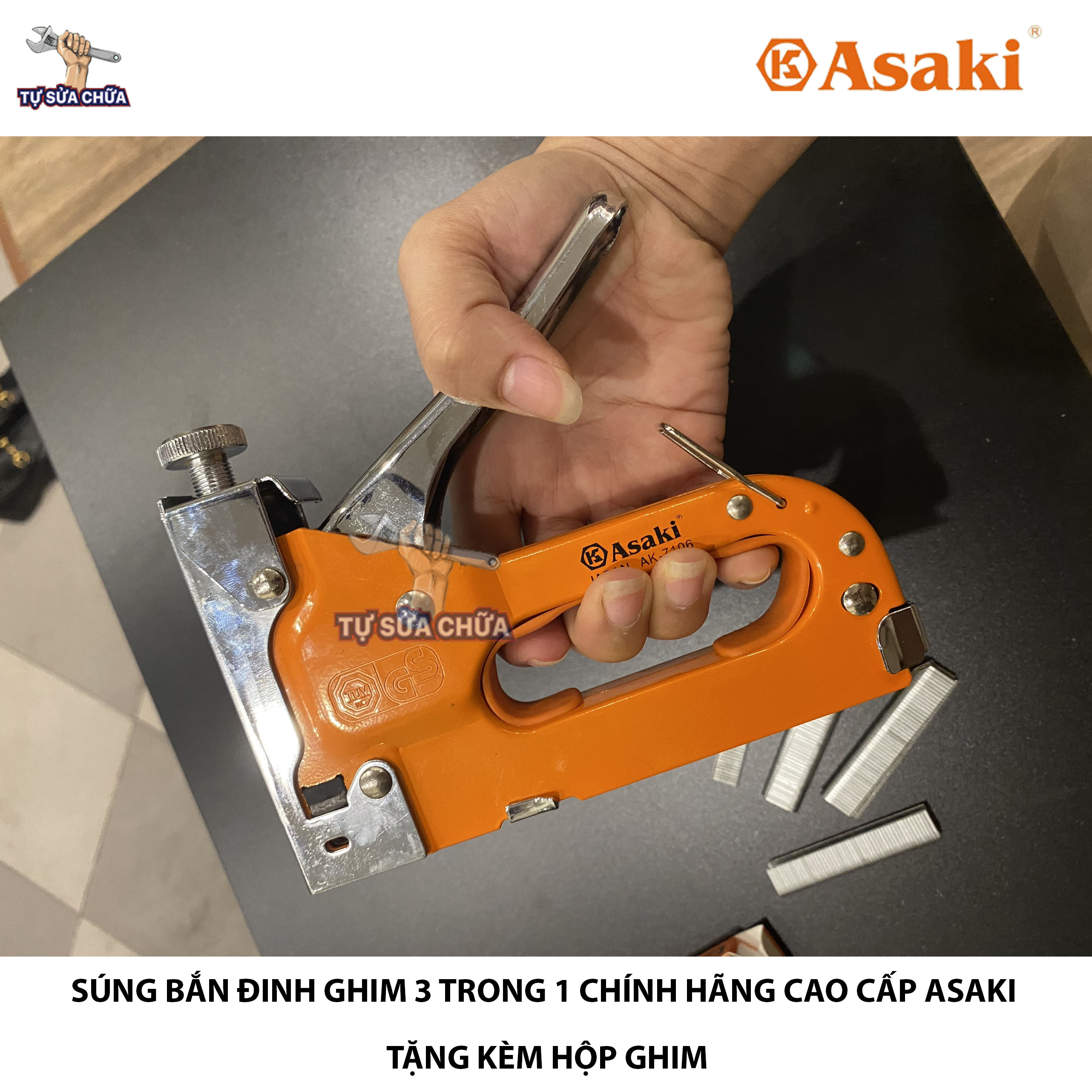 Súng bắn ghim công nghiệp đa năng có tăng lực, bấm cả 3 kiểu ghim п u t hàng chuẩn asaki ak-7106 có tặng kèm ghim