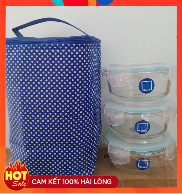 Combo 3 Hộp Thủy Tinh Đựng Cơm Praha 400ml Tặng Kèm Túi Giữ Nhiệt 2 Lớp - hộp đựng cơm lock&lock