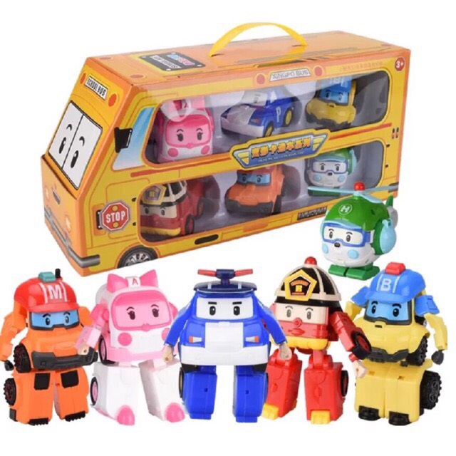 Mẫu mới 2020, set 6 Robocar poli biến hình, hộp ô tô vàng đựng 6 thành viên biệt đội Robocar Poli biến hình thành ô tô và robot siêu hot