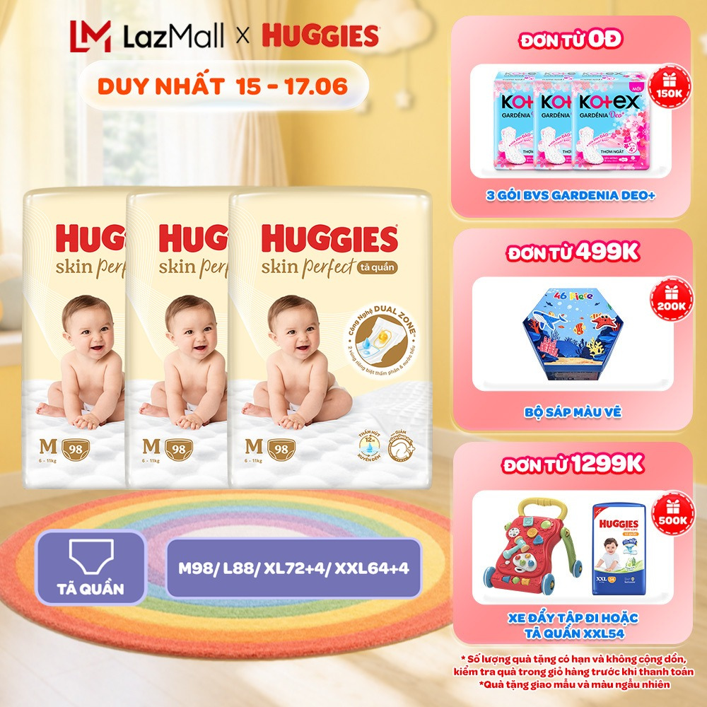 Combo 3 gói Tã quần Huggies Skin Perfect Mega Jumbo M98/L88/XL72+4/XXL64+4 miếng với 2 vùng thấm giảm kích ứng da
